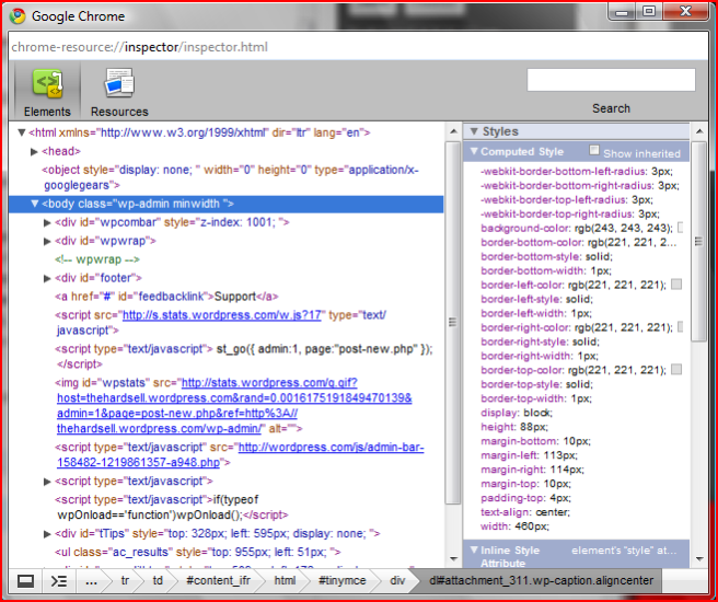 The inspector in Google Chrome - looking at my WordPress page.